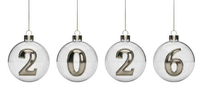  New Year 2026 metallic numbers inside clear glass ornaments suspended on a transparent background PNG image