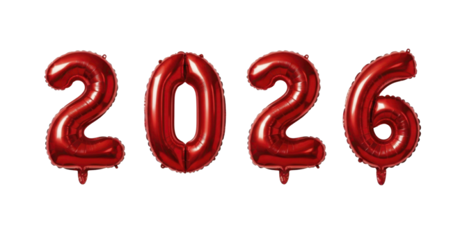  Red foil balloons spelling 2026 on a transparent background, festive new year PNG image, PNG file