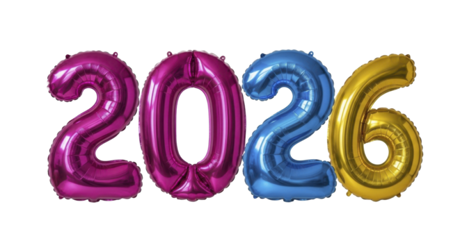  Shiny metallic foil balloons forming 2026 for New Year celebration on a transparent background, PNG image