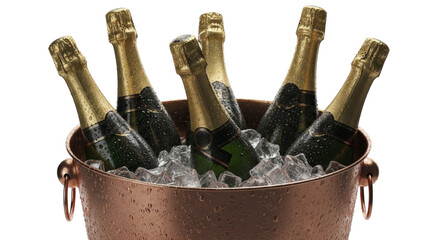  Six chilled champagne bottles in a copper ice bucket with ice on a transparent background PNG image