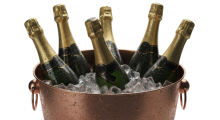  Six chilled champagne bottles in a copper ice bucket with ice on a transparent background PNG image