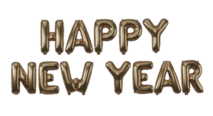  Shiny gold Happy New Year text spelled out with metallic foil balloons on a transparent background PNG image file