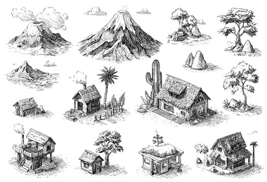 Hand drawn set of fantasy map elements with buildings and nature.