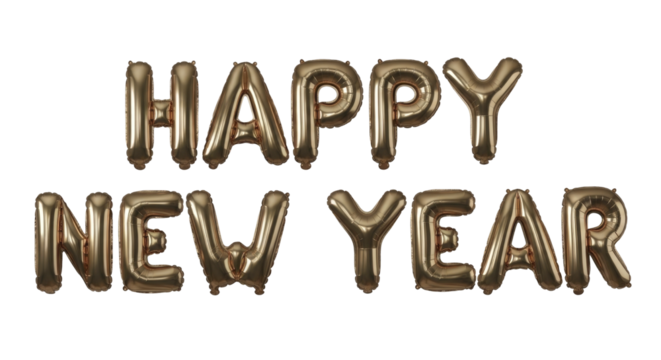  Shiny gold Happy New Year text spelled out with metallic foil balloons on a transparent background PNG image file