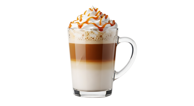 Iced caramel latte, a refreshing coffee beverage with layers of rich espresso, cold milk, whipped cream, and sweet caramel drizzle