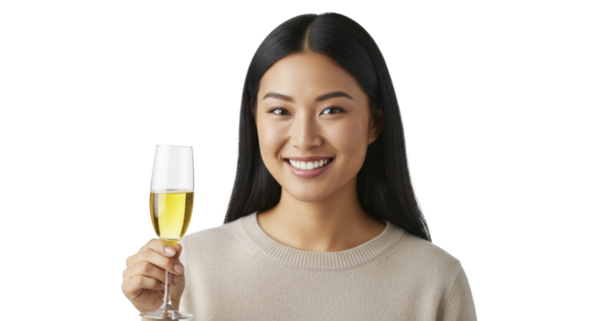  Asian woman smiling happily holding champagne glass for New Year celebration on a transparent background, PNG image, PNG file