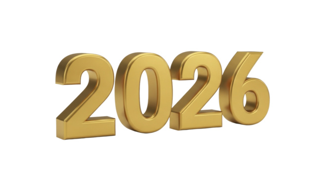  Golden 2026 New Year number on a transparent background PNG image for celebration and future announcements