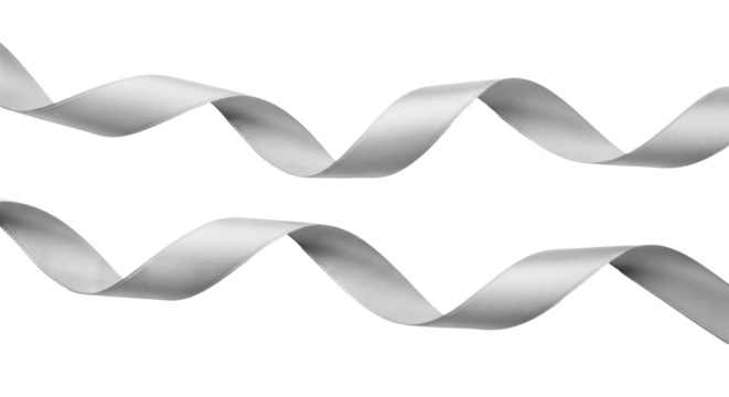 Silver wavy flowing ribbons on a transparent background PNG file. Decorative satin for New Year celebration.