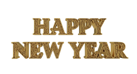  Golden Ornate Happy New Year dimensional text with intricate scrollwork, on a transparent background, PNG image, PNG file