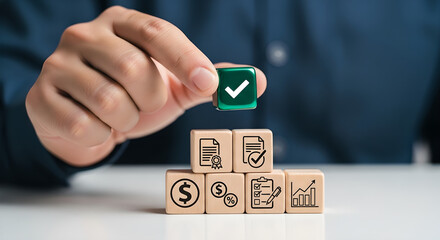 Hand Placing Checkmark Cube Business Success Copy Space