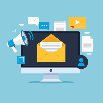 Email Marketing Campaign on Computer Screen with Megaphone and Documents.