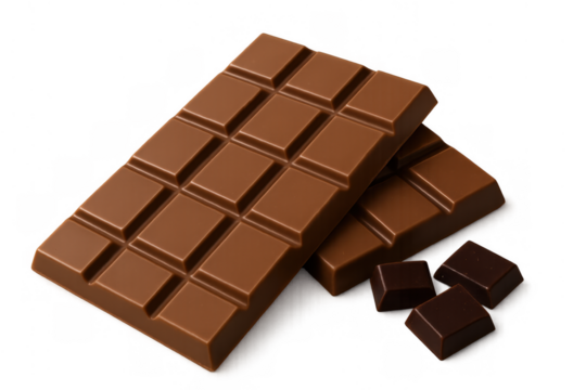 Milk chocolate bars with small dark chocolate pieces, delicious sweet dessert food on transparent background