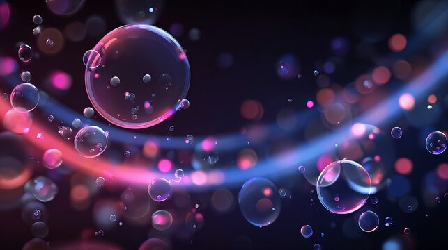 Captivating abstract bubbles dance with vibrant neon light streaks creating a mesmerizing, ethereal, and dreamy digital art background perfect for modern design projects.