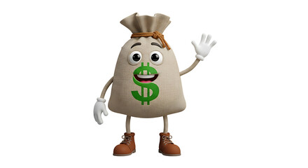 Friendly money bag character waving hello, representing financial greetings, savings, and a welcoming approach to money matters