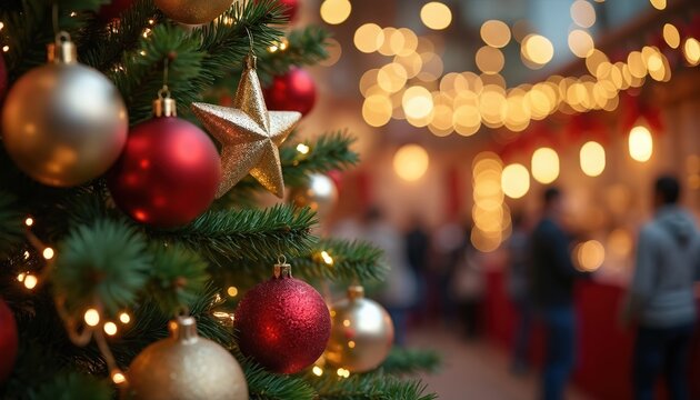Christmas tree adorned with red, gold ornaments, sparkling lights, star topper. Blurred background shows festive holiday celebration with people, warm glowing lights creating cozy atmosphere.
