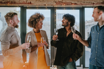 A group of friends raising glasses of champagne and one of them making a toast indoor