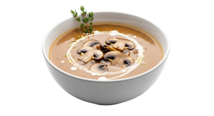 Creamy mushroom soup, garnished with fresh thyme and a swirl of cream, served in a white bowl for a comforting meal