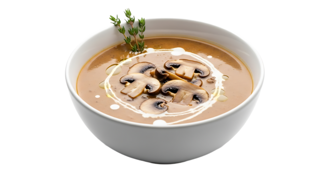 Creamy mushroom soup, garnished with fresh thyme and a swirl of cream, served in a white bowl for a comforting meal