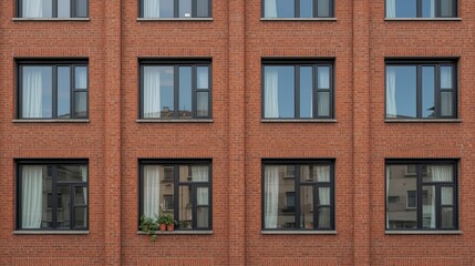 Obraz premium The red brick building features a symmetrical façade with windows