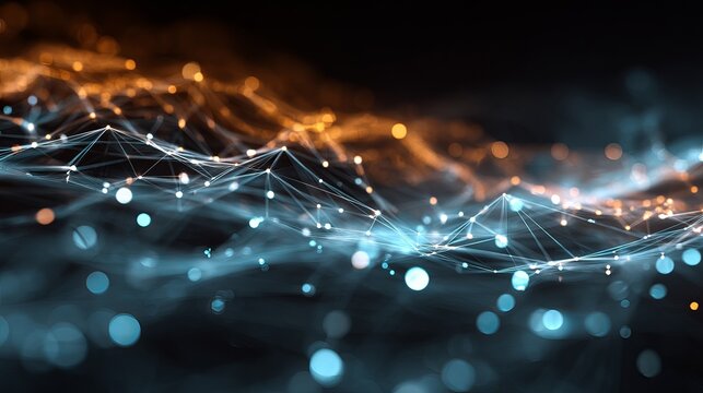 Dynamic network connections illuminate abstract digital landscape with glowing nodes and flowing data streams, perfect for tech and innovation themes.
