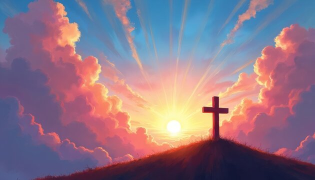 Religious cross on hilltop silhouetted against vibrant sunrise clouds. Sun rays burst through sky. Hopeful dawn scene signifies faith, new beginnings and spirituality. - Powered by Adobe