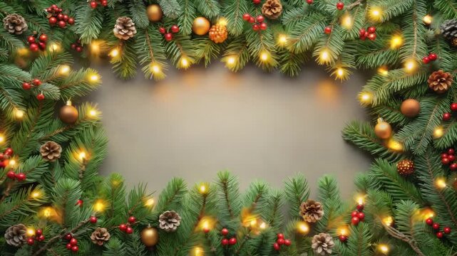 Holiday pine garland border with lights and pinecones