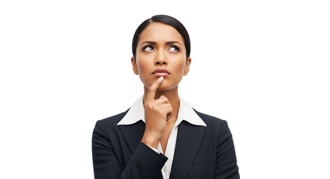 Thoughtful businesswoman with finger on chin she is wearing a black suit and looking up to the left with a serious expression