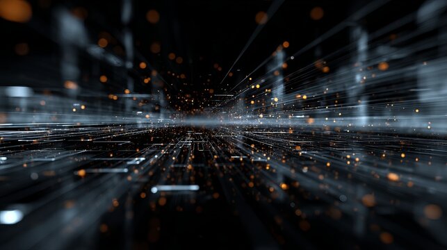 Dynamic digital network data stream with glowing orange particles and futuristic glowing light trails creating a sense of speed and innovation