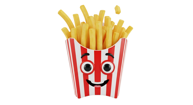 Joyful french fries character, a fun food concept with a smiling face, perfect for fast food and snack promotions