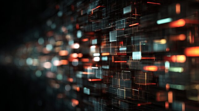 Dynamic abstract data flow with glowing cubes and futuristic network connections, representing digital transformation and AI innovation