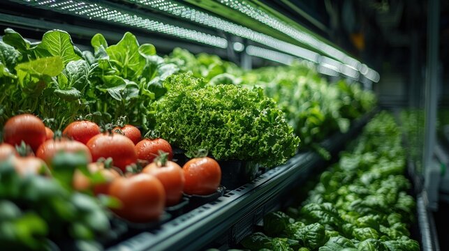 Fresh produce in a modern, illuminated display.