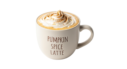 Cozy pumpkin spice latte in a white mug, a comforting autumn beverage with whipped cream and seasonal spices