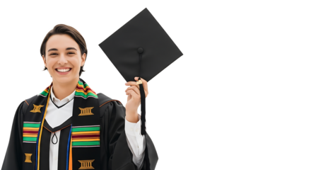 Happy graduate, holding cap, wearing gown, celebrating academic achievement, symbolizing success and future opportunities