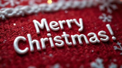 Merry Christmas text in white embroidery on red knit background - Powered by Adobe