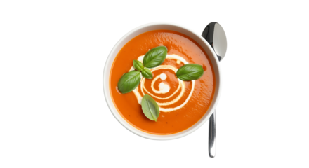 Creamy tomato soup, garnished with basil leaves and a swirl of cream, a comforting and flavorful dish served in a bowl