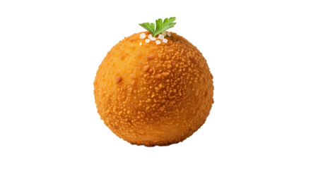 Delicious arancini, a fried rice ball with meat sauce, peas, and mozzarella, garnished with parsley and sesame seeds