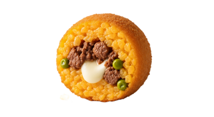 Cross section of arancini, a fried rice ball with meat sauce, peas, and mozzarella, revealing its delicious filling