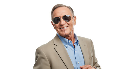 Smiling senior man in sunglasses and suit, exuding confidence and style, ready for business or a casual outing