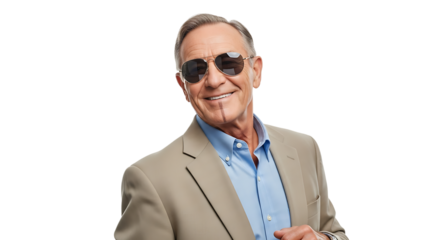 Smiling senior man in sunglasses and suit, exuding confidence and style, ready for business or a casual outing