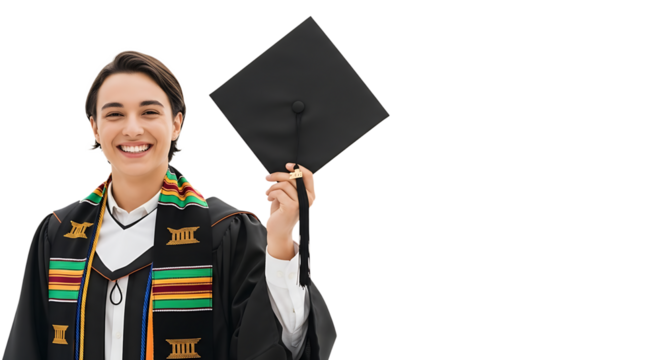 Happy graduate, holding cap, wearing gown, celebrating academic achievement, symbolizing success and future opportunities