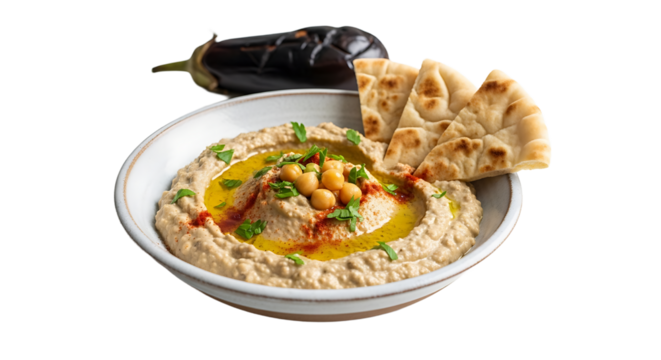 Hummus with pita bread and eggplant, garnished with chickpeas, parsley, olive oil and paprika for a delicious mediterranean meal