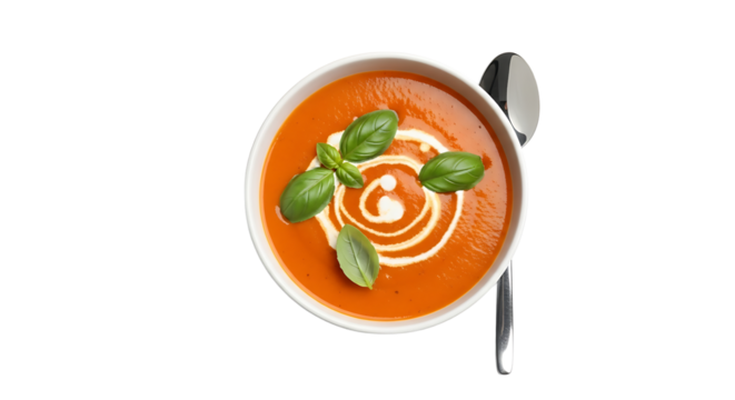 Creamy tomato soup, garnished with basil leaves and a swirl of cream, a comforting and flavorful dish served in a bowl