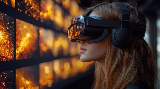Woman experiencing immersive VR with fiery visuals.