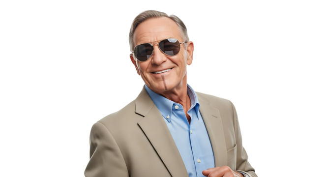 Smiling senior man in sunglasses and suit, exuding confidence and style, ready for business or a casual outing - Powered by Adobe