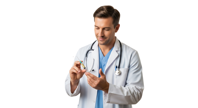 Doctor in white coat examining medication he is holding a bottle of pills and looking at it with a focused expression