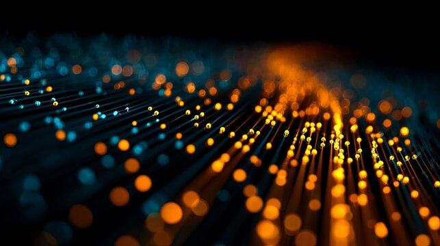 Dynamic abstract digital network of glowing orange and blue data points flowing through dark futuristic fiber optics with soft bokeh lights