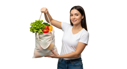 Young woman holding a reusable grocery bag full of fresh vegetables, promoting ecofriendly shopping habits