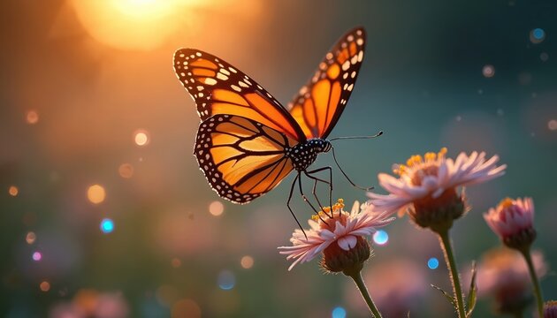 Orange monarch butterfly rests on pale pink daisy in soft sunrise light. Gentle bokeh, morning dew create magical atmosphere. Nature awakens with delicate beauty, vibrant colors in peaceful meadow.