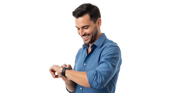 Handsome man in blue shirt checking his smart watch, smiling and looking at the time with a happy expression