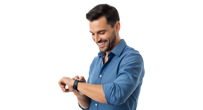 Handsome man in blue shirt checking his smart watch, smiling and looking at the time with a happy expression - Powered by Adobe